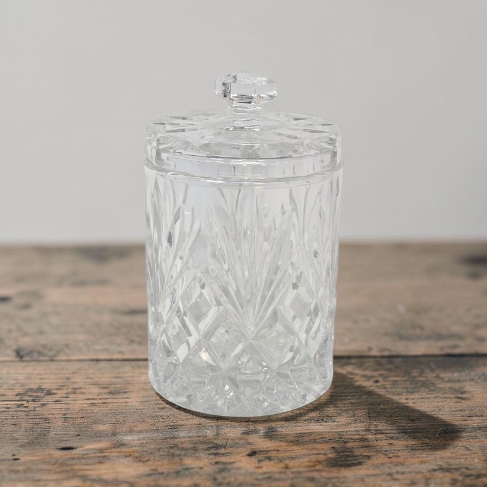 Cut Lead Crystal Biscuit Jar Lidded Diamond Fan Pattern Faceted Knob Candy Dish